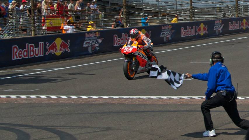 Marc Márquez ganando su última carrera en Indianapolis en MotoGP