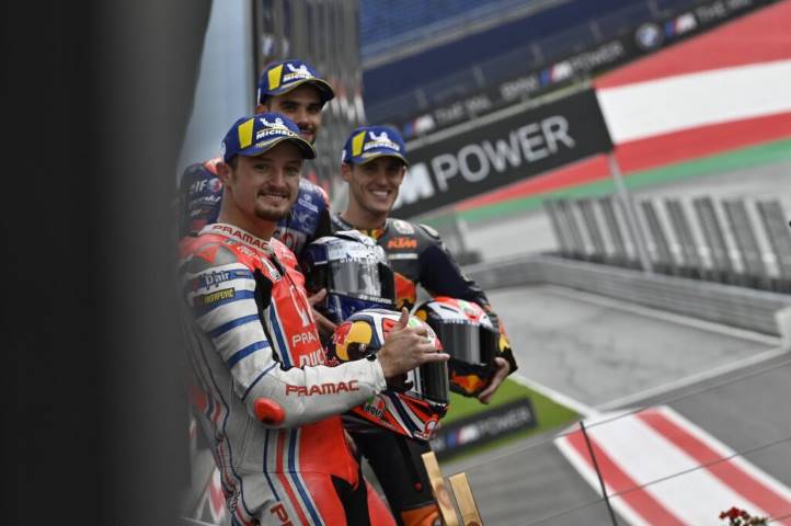 Miguel Oliveira, Jack Miller y Pol Espargaró en el podio del GP de Estiria de MotoGP
