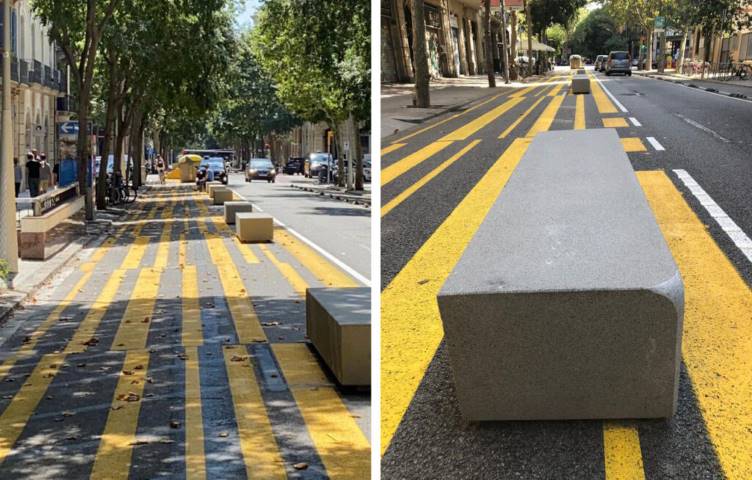 Dos imágenes de bloques de hormigón en las calles de Barcelona