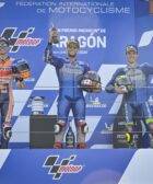 Alex Rins, Álex Márquez y Joan Mir en el podio de Aragón