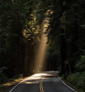 Una carretera iluminada por un rayo de luz