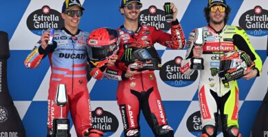 Podio en el GP de España con Bagnaia, Marc Márquez y Bezzecchi